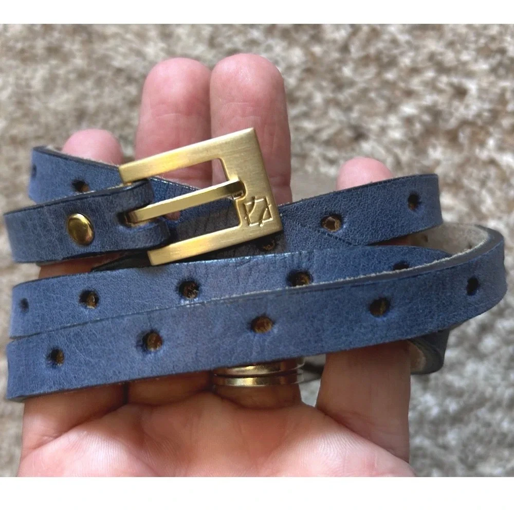 Preppy Chic ADA Collection Navy Blue Leather Skinny Wrap Belt Gold Buckle OS